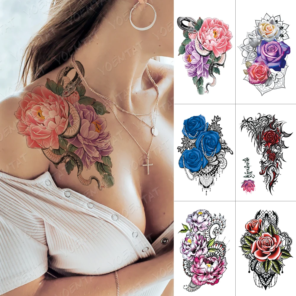 

Waterproof Temporary Tattoo Sticker Snake Peony Lace Flash Tattoos Rose Flower Body Art Arm Water Transfer Fake Tatoo Women Men