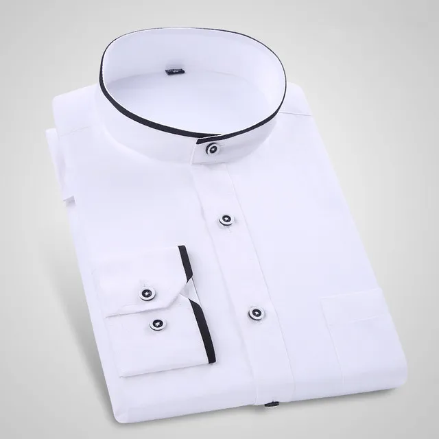 

Men's Long Sleeve Shirt Social Patchwork Chinese Collar Casual Wear Black and White