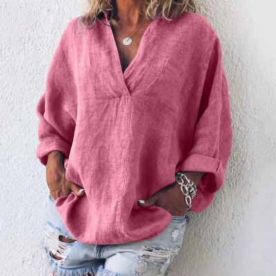 pink Пикантные однотонные v-образным вырезом рубашки Для женщин Повседневное с длинными рукавами карман пуловеры женские свободные плюс Размеры 5XL дышащая блузка Офисные женские туфли Топ - Цвет: pink