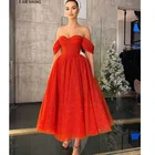 Роскошные Красные Свадебные платья E JUE SHUNG из блестящей ткани, свадебные платья с открытыми плечами и шнуровкой сзади длиной ниже колена, свадебное платье