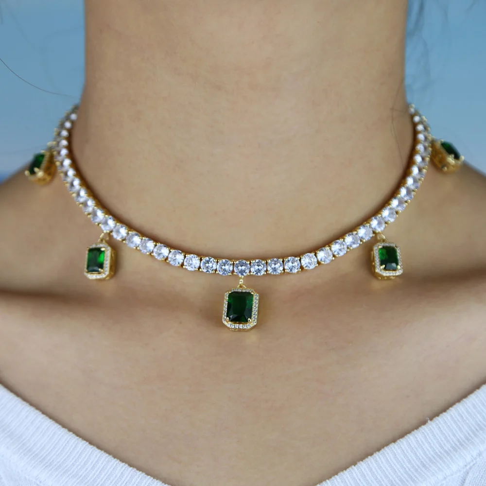 Белый зеленый красный красочный Багет cz падение теннис ожерелье iced out bling чокер для женщин Девушка Роскошные ювелирные изделия