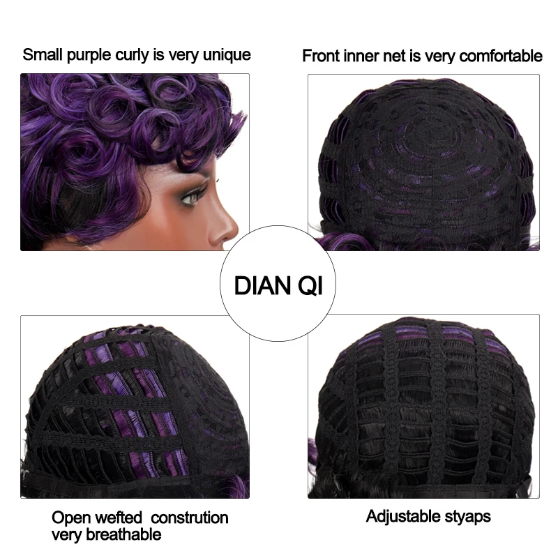 

DIANQI Short Hair Afro Curly Wig With Bangs Synthetic Cosplay Natural Wigs For Black Women Ombre Black Purple