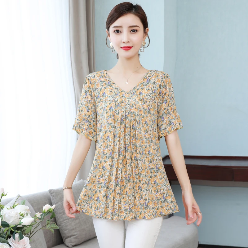 

Dress Fat Women Floral Small Shirt Short Sleeve Loose Slim Belly Coat Summer New Elegant Chiffon Blouses & Shirts