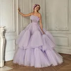 Женское Пышное Бальное Платье, мягкое платье из тюля с оборками, расшитое бисером, для выпускного вечера, лавандового и фиолетового цвета
