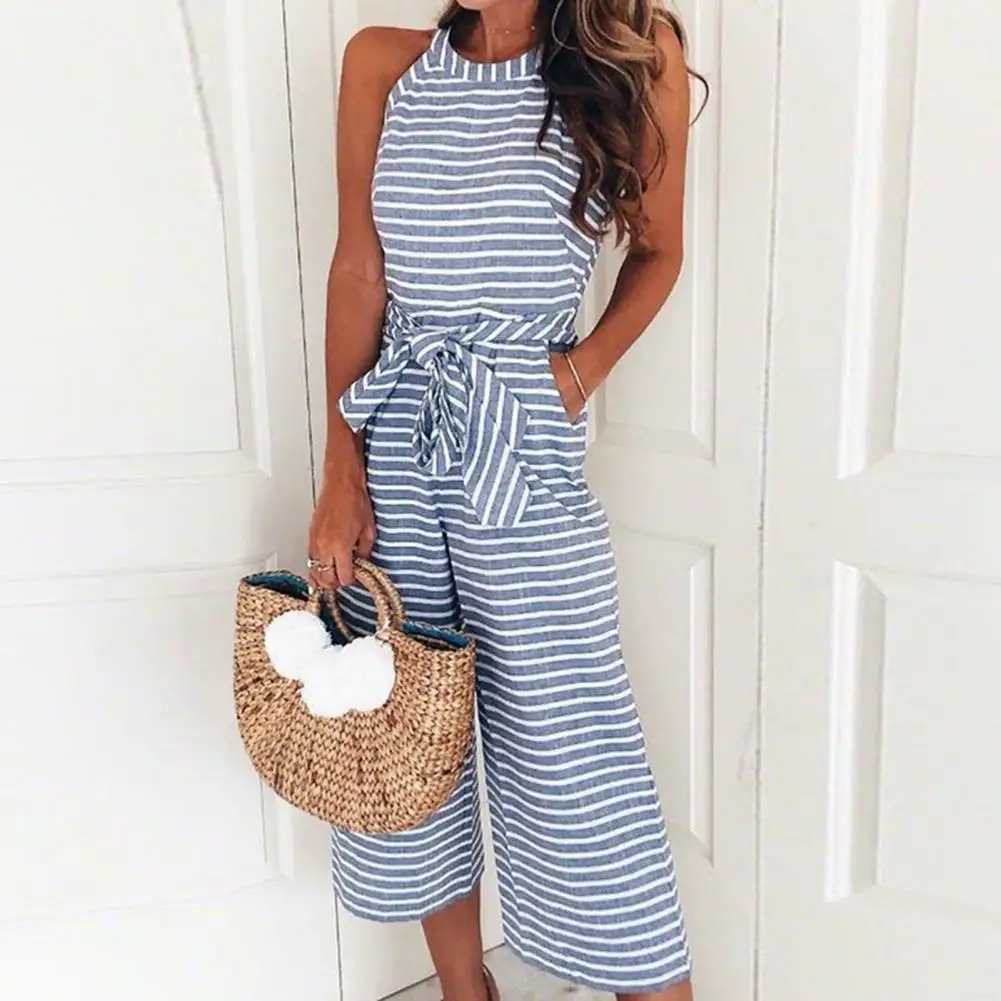 

2021 Fashion Summer Fashion Overalls Women Strip O Neck Sleeveless Long Rompers Elegant Belt Bow Loose Party Jumsuit monos mujer