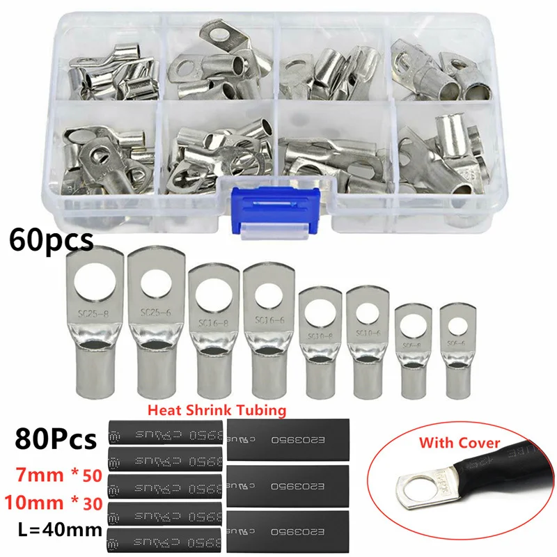 

60pcs SC Bare Terminals lug Tinned Copper Tube Ring Battery Wire Connectors Crimped/Soldered Terminal Kit+80pcs heat shrink tube