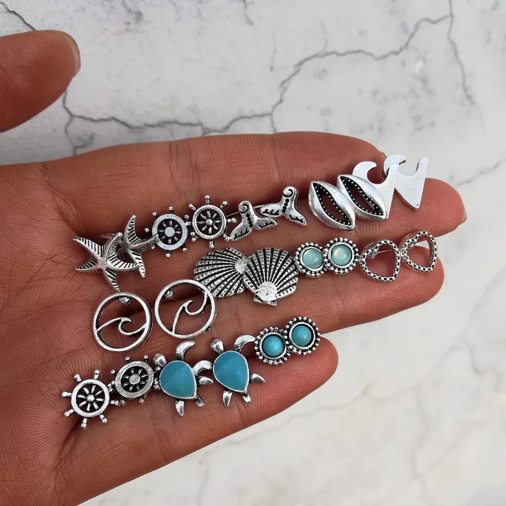 Boho Ocean Beach Sea Earrings Set Vintage Rudder Starfish Dolphin Tail Turtle Shell Stud for Women Brincos | Украшения и
