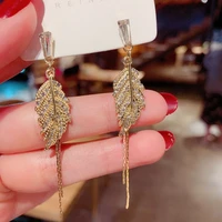 new long gold metal leaf crystal drop earrings fully studded with crystals high quality rhinestone jewelry accessories for women