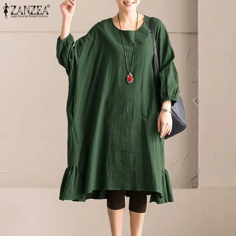 

ZANZEA Women Autumn Sundress Vintage 3/4 Sleeve Solid Cotton Linen Vestidos Elegant Flounce Long Shirt Dress Loose Dresses