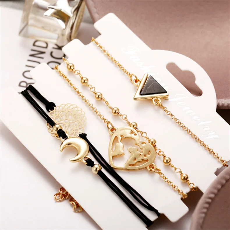 

5 Pcs/Set Triangle Black Turquoise Heart-shaped Map Alloy Multilayer Bracelet Set Fashion Jewelry Accessories for Women