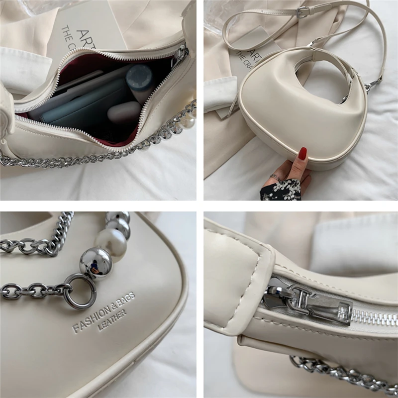 

Stylish Half Round Pearl Chain-link Small Hobo Shoulder Bags For Women Unusual Design Hand Bags High Quality Solid Crossbody Bag