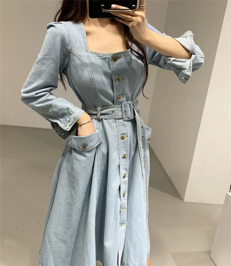 

Women Denim Dresses Spring Autumn Mid-Calf Casual Sashes Square Collar Single Breasted Pockets Dress DR7276