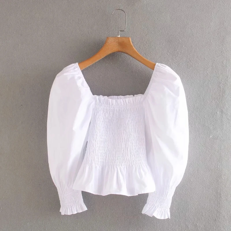 Блузка женская короткая из эластичного поплина с квадратным вырезом и рукавом