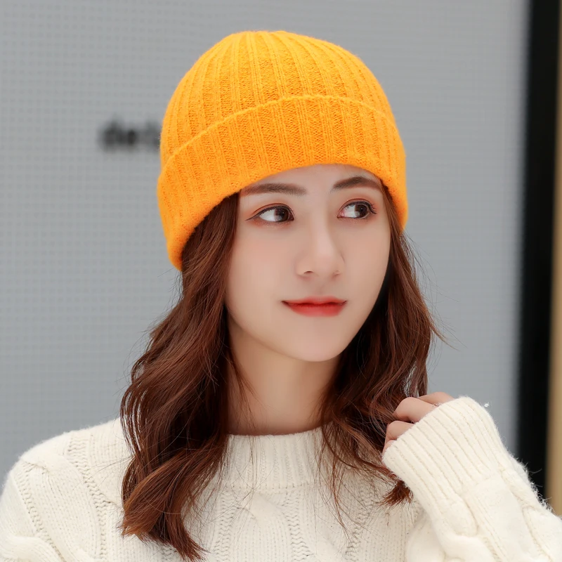 Осенне-зимняя шерстяная Вязанная женская шапка Skullies карамельного цвета теплые