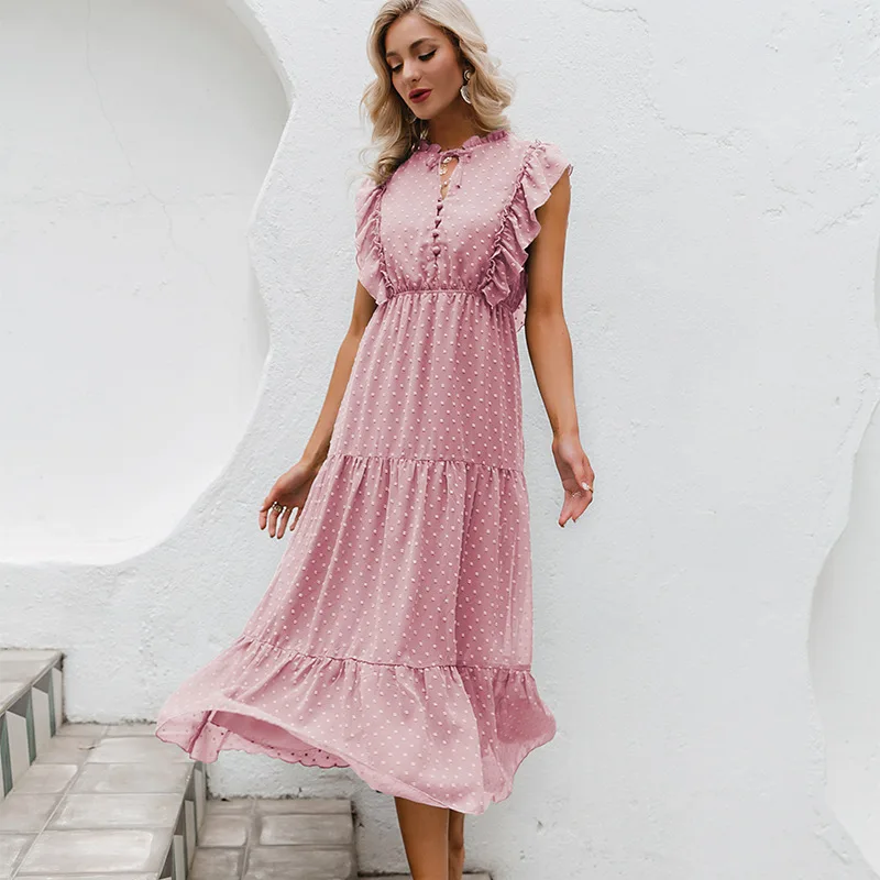 

Solid Sleeveless Flounced Edge Chiffon Long Dress Women High Waist Slim Bohemian O-Neck Holiday Dresses for Women Donsignet