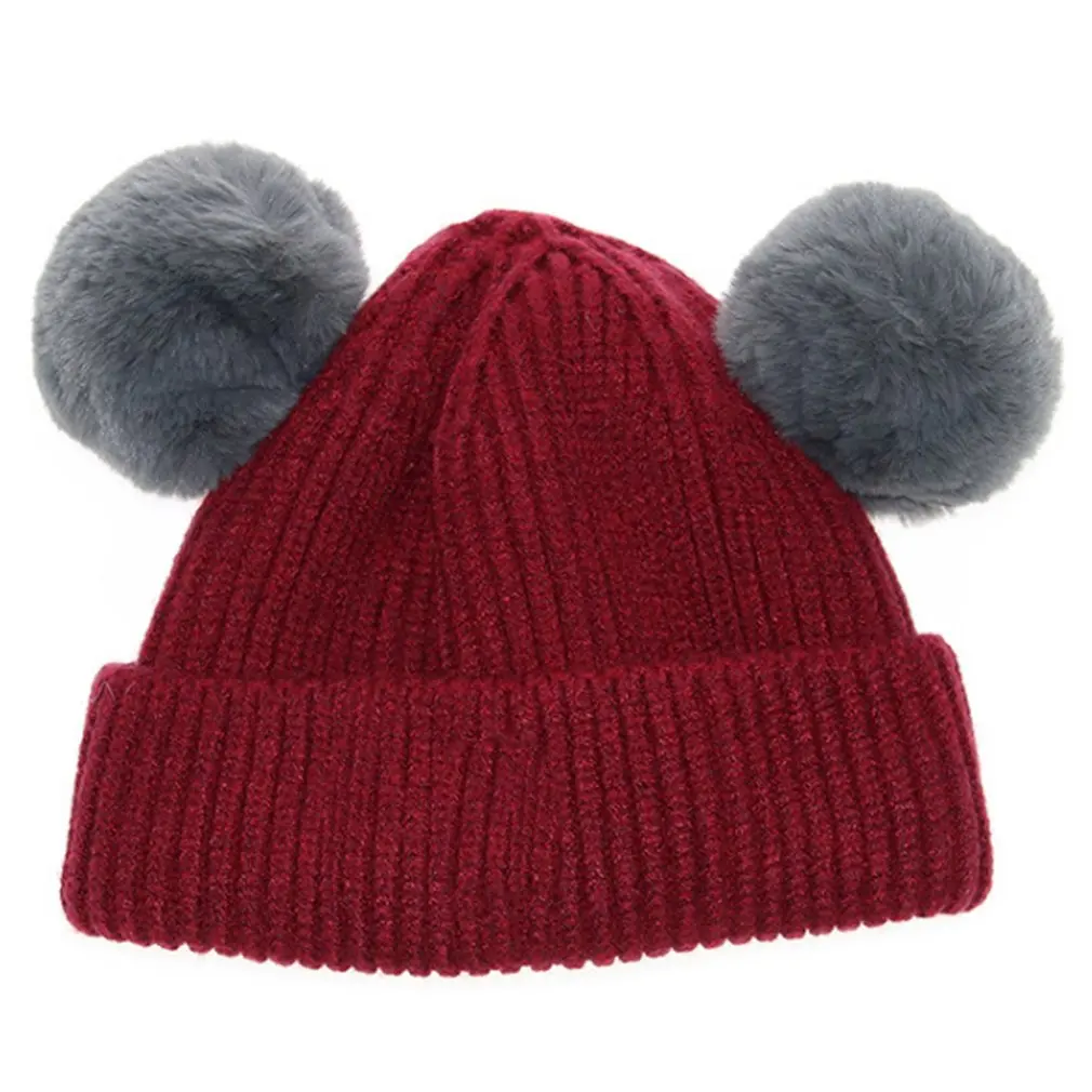 Winter Knitted Baby Hats 2018 Girls Boys Sweet Solid Hat With Two Fur Pompoms Balls Kids Caps For Warm Soft Cap | Детская одежда и