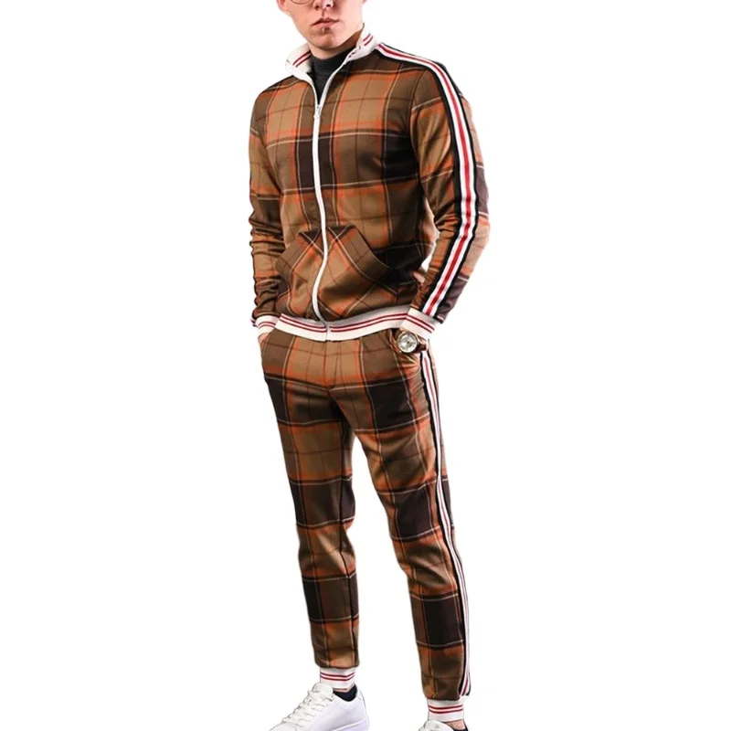 Mens Tracksuit Spring Autumn Fashion Plaid Casual Two Piece Set Sports Suit Clothing Men Sets
