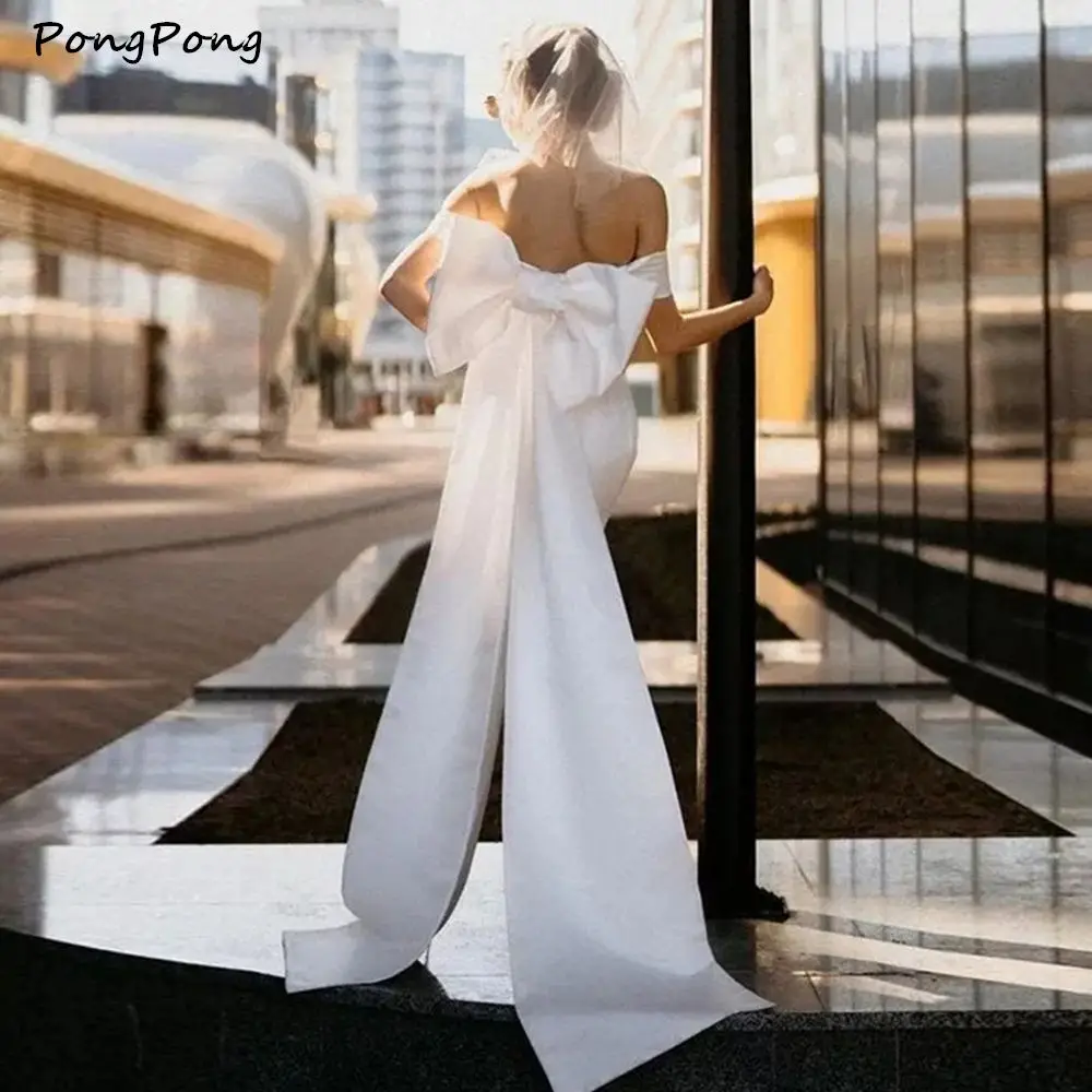 

Короткие свадебные платья-русалки в стиле бохо с открытыми плечами, простые пляжные свадебные платья с бантом и шлейфом, платье невесты, пла...