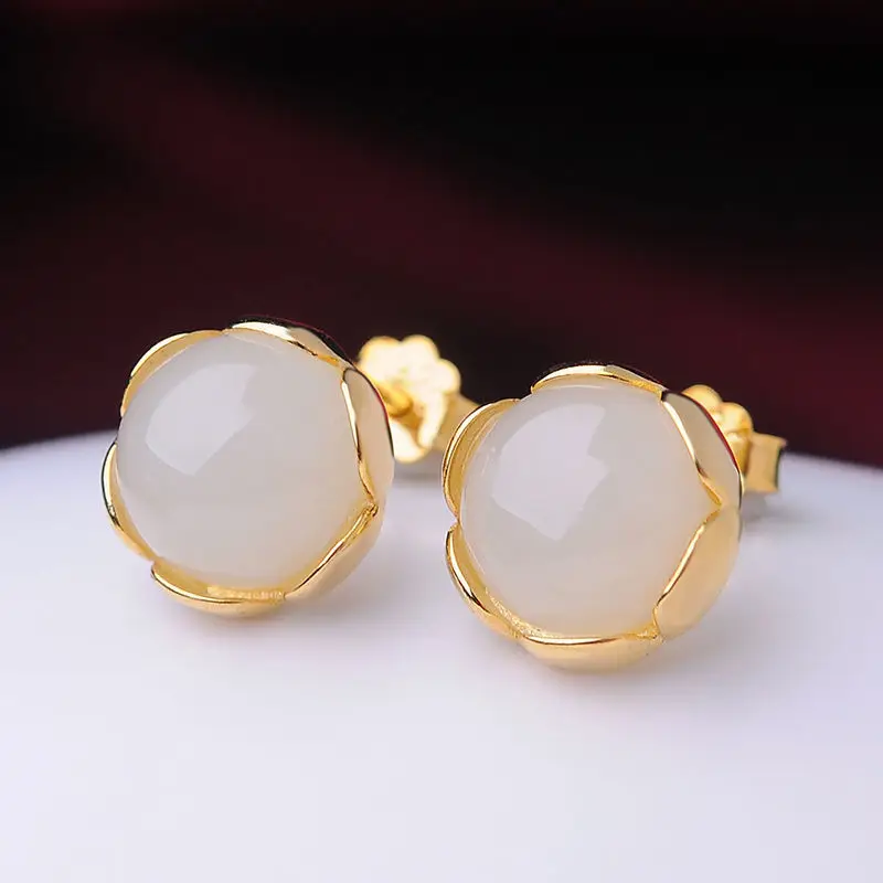

SNew inlaid natural Hetian jade lotus earrings female small and round cute charm fresh delicate women's br jewelry