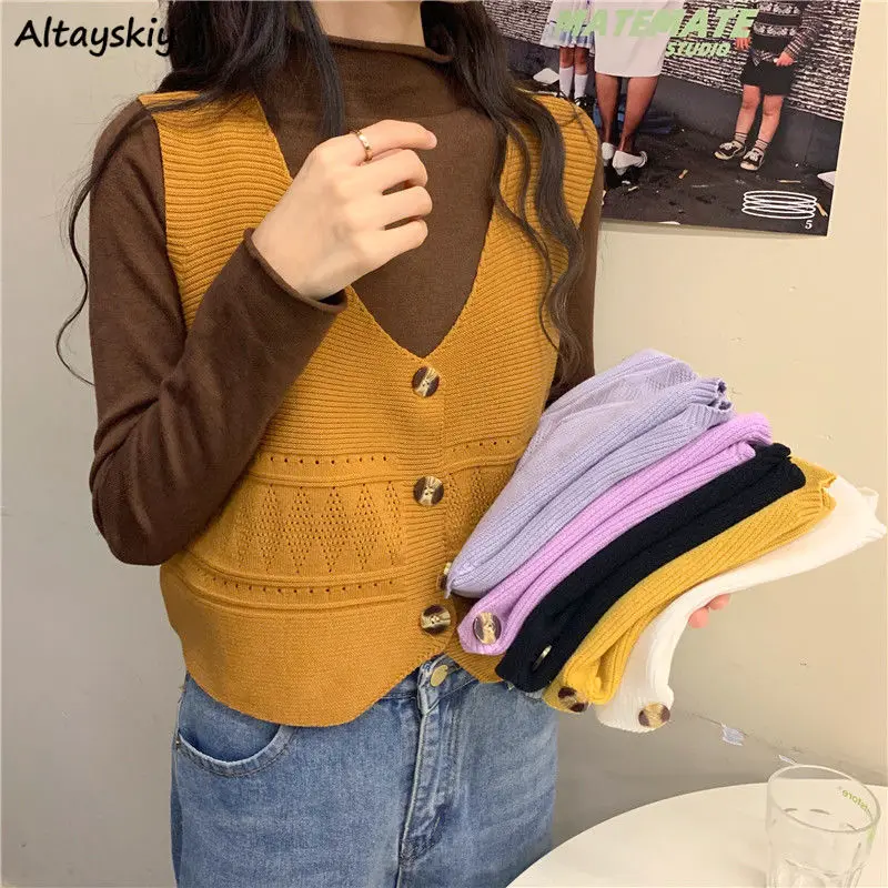 

Women Solid Vests Hollow Out Waistcoats Knitted V-neck Sleeveless Outwear Students Elegant Vintage Button Up All-match Chic Soft