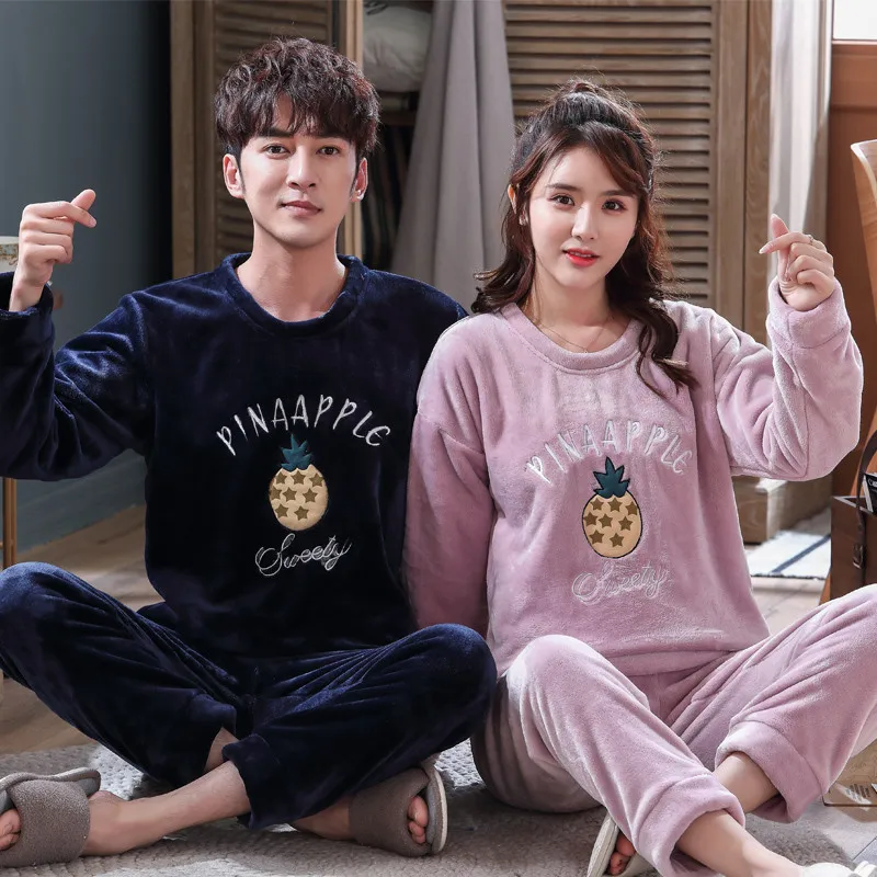 Зимние пижамы для влюбленных теплые фланелевые женщин с длинными рукавами
