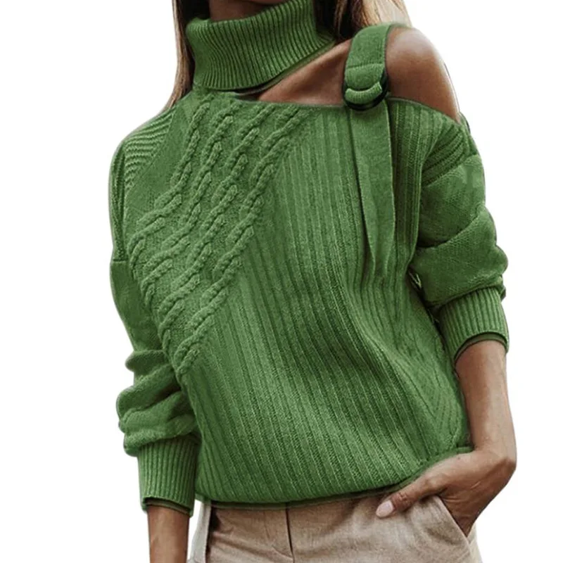 Turtleneck Long Sleeve Knitted Sweater Women Sexy Off Shoulder Patchwork Pullover 2020 Winter Autumn Fashion Ribbed Sweaters Top | Женская
