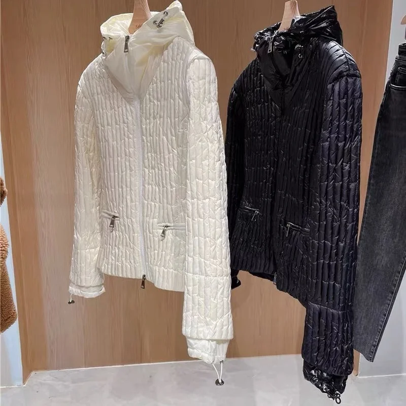 

2021 High Quality Women Fashion Hooded Jackets Knitted Sweater 90% Duck Fillers Patchwork Spring Coats Casual Pleated Outerwear