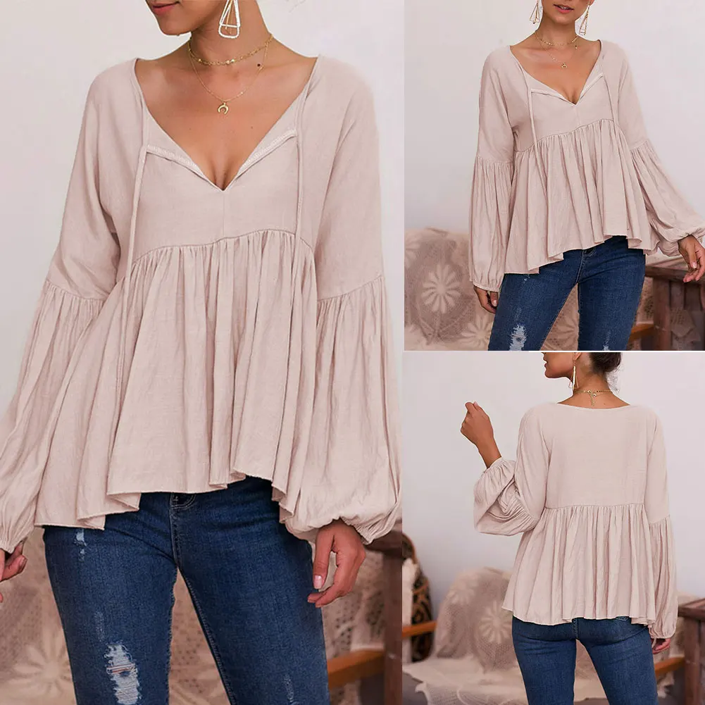 Дропшиппинг женские топы с пышными рукавами и V образным вырезом однотонная