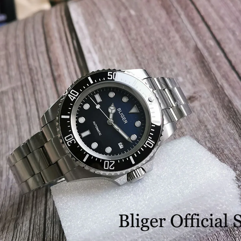 Pаспродажа Мужские Большие механические часы BLIGER SEA Blue Black Dial 43 мм, вращающаяся рамка с керамической вставкой, 24 Драгоценности NH35A MIYOTA 8215, ремешок для уст...