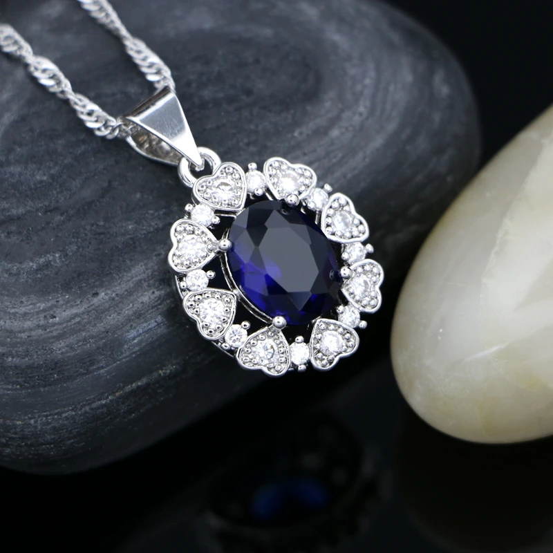925 Серебряный цветок ожерелье для женщин синий кубический цирконий белый