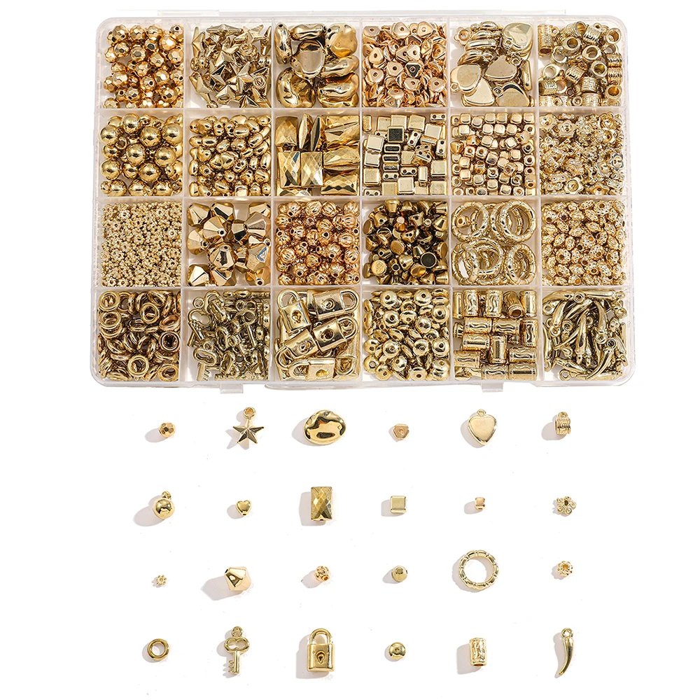 

24 Style Gold Metal Plated CCB Heart Star Lock Key Round Seed Spacer Loose Beads Set for Jewelry Findings Making DIY Bracelets
