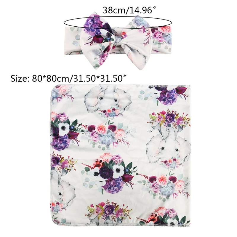 

2 Pcs Newborn Baby Receiving Blanket Headband Set Infant Floral Print Swaddle Wrap Sleeping Bag Hair Band Kits for Infants Girls