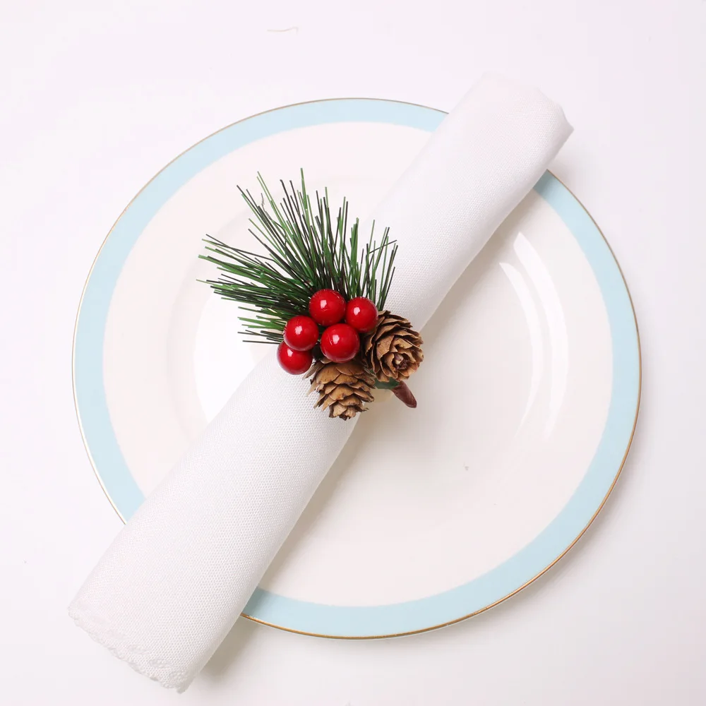 

6pcs Christmas table decoration pine cone napkin ring bells cedar napkin buckle wooden napkin ring