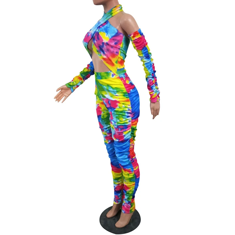 

Summer Women Jumpsuits Tie-dye Print Fold Street Rompers Sexy Night Club Party Bandage Halter Backless One Piece Outfits