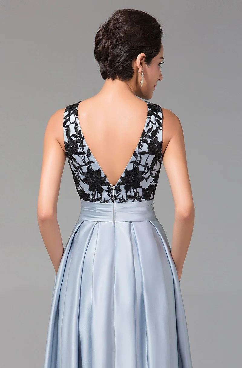 

2020 New Arrival Blue Appliques Evening Dress A-line Sleeveless Backless Sexy Pockets Elegant Party Formal Prom Gown