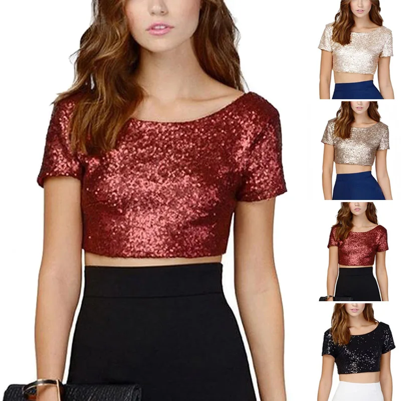 

Women Sequins Crop Tops T-Shirt Summer Short Sleeve Tee Shinny Tops ENDQ