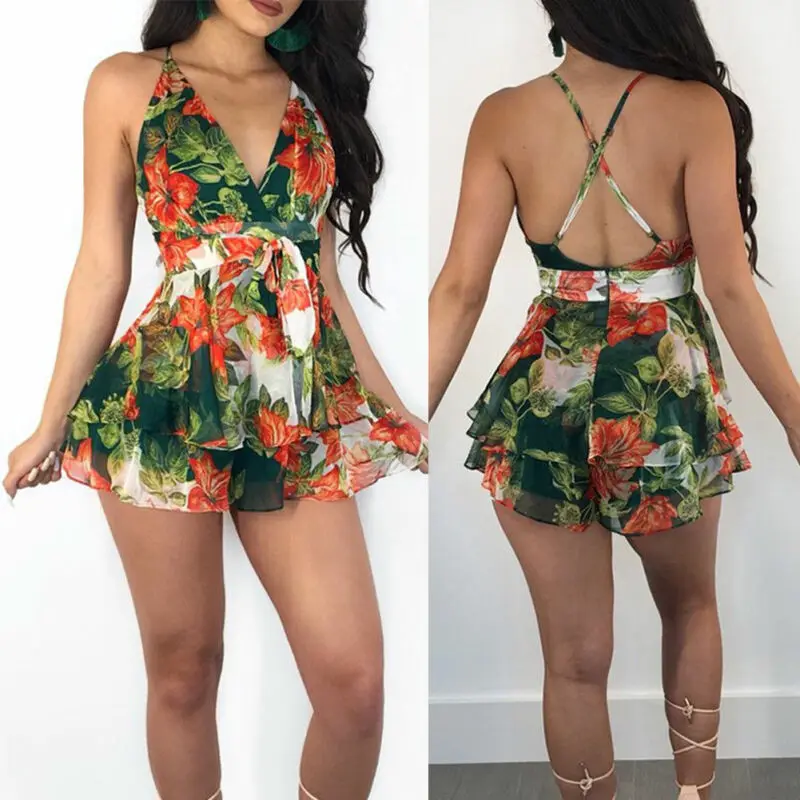 Женский сексуальный пляжный летний комбинезон с цветочным принтом и v образным