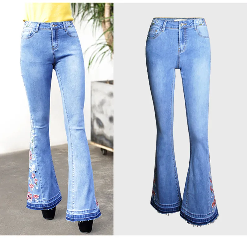 

Women's Popular Flare Pants Denim Bell-bottom Pants Women's Floral Embroidered Blue Jeans Wide-leg Pants Trousers High Street