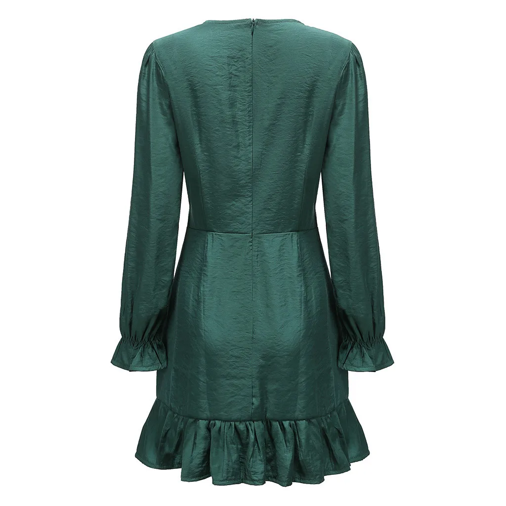

None Women Autumn Dress Above Knee Fashion Polyester Women Dress Elegant Ruffles Solid Long Sleeve A-line Empire Mini Dresses