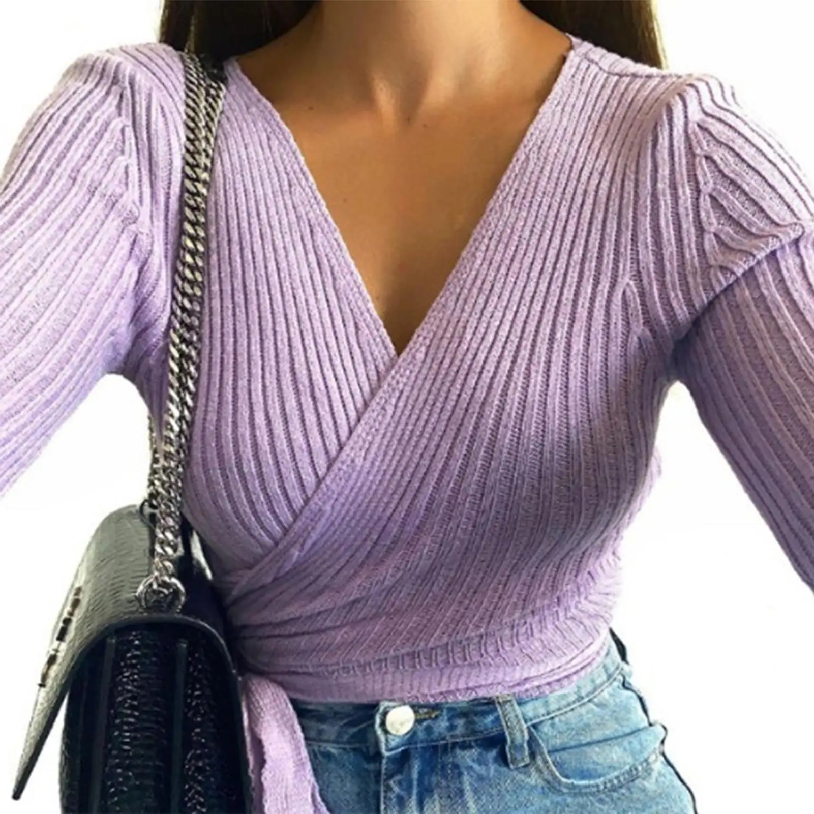 

Knitwear Top Vintage Sexy V Neck Ribbed Solid Color Blue White Black Purple Bandage Woman Blouse Female Clothing Wholesale 2021