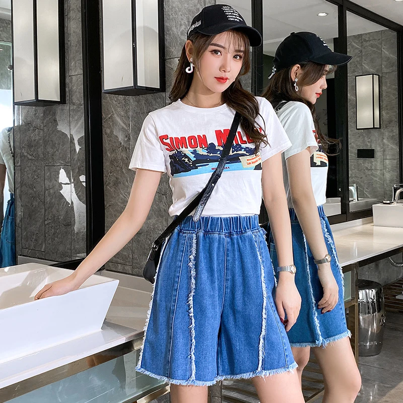 Оптовая продажа женские джинсовые шорты большого размера свободные с высокой