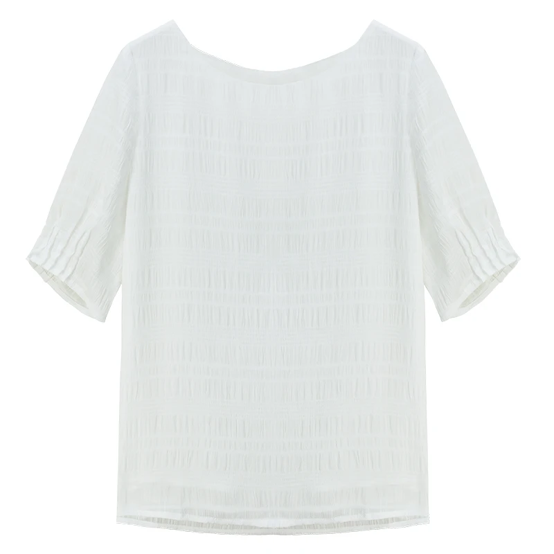 

Meizan White round Neck Short-Sleeved Shirt Women's Loose Large Size Casual French Top Pleated Plaid Chiffon Shirt Summer