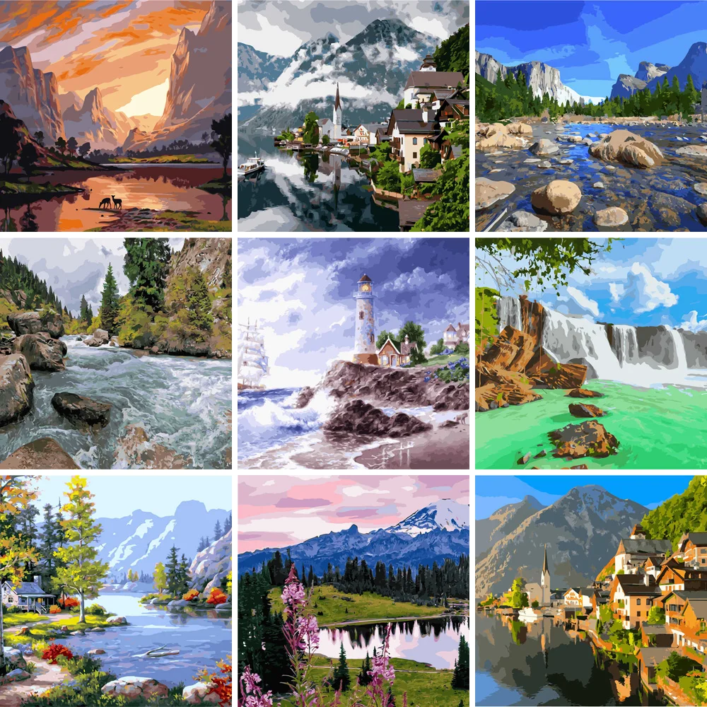 

Painting By Numbers Landscape mountains river Coloring By Numbers 26 Colors Picture by numbers
