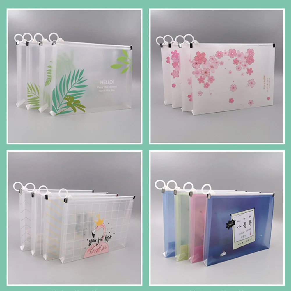

4pcs Zipper File Bags Storage Case Portable Pencil Case Transparent File Pockets Student Stationery Holder for Office (Leaves Pa