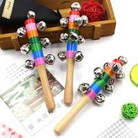 baby wooden shaker rattle colorful hand jingle bells wooden rainbow hand stick for holiday decoration musical instrument toy