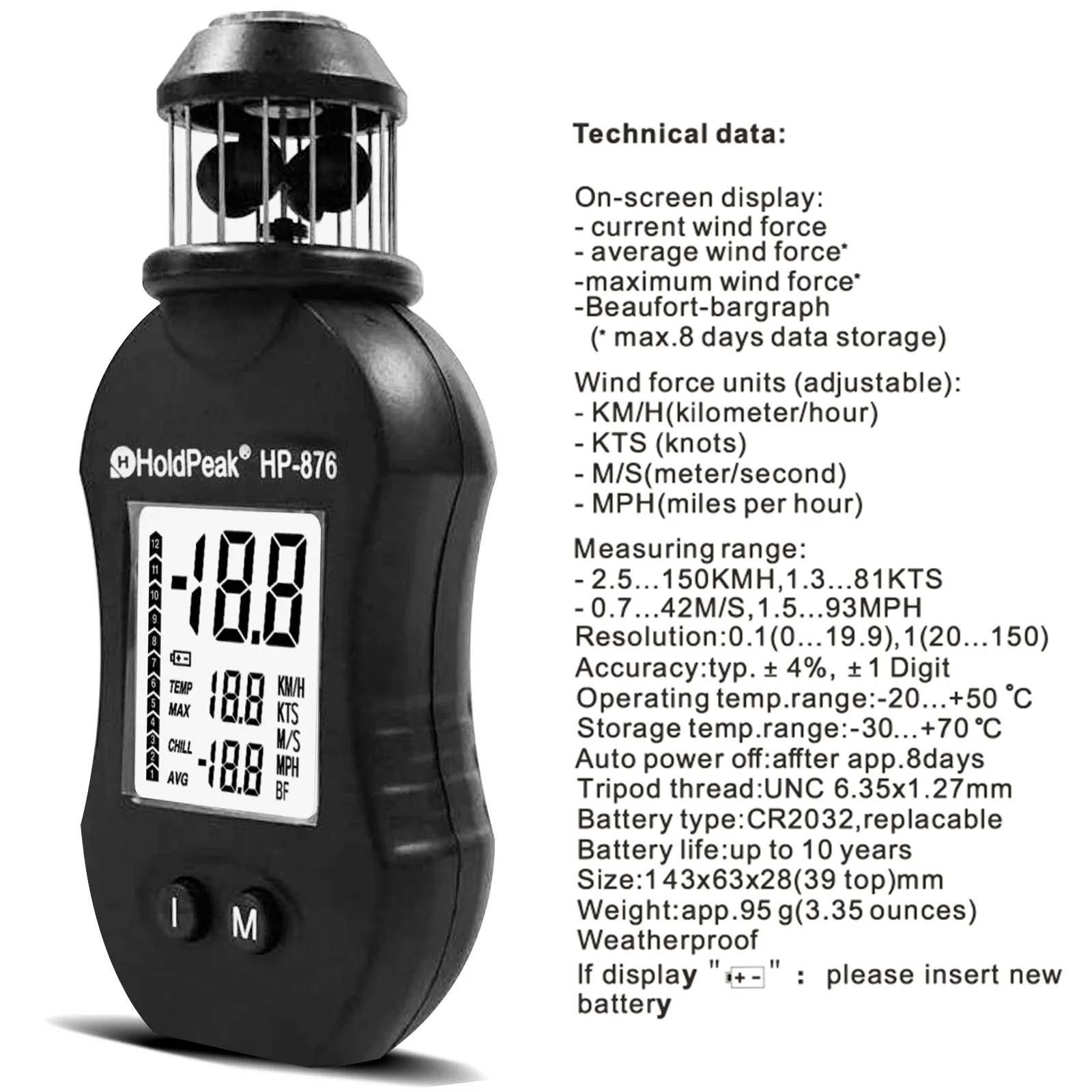 2022 Новый цифровой анемометр ручной измеритель скорости ветра HP-876 Карманный для