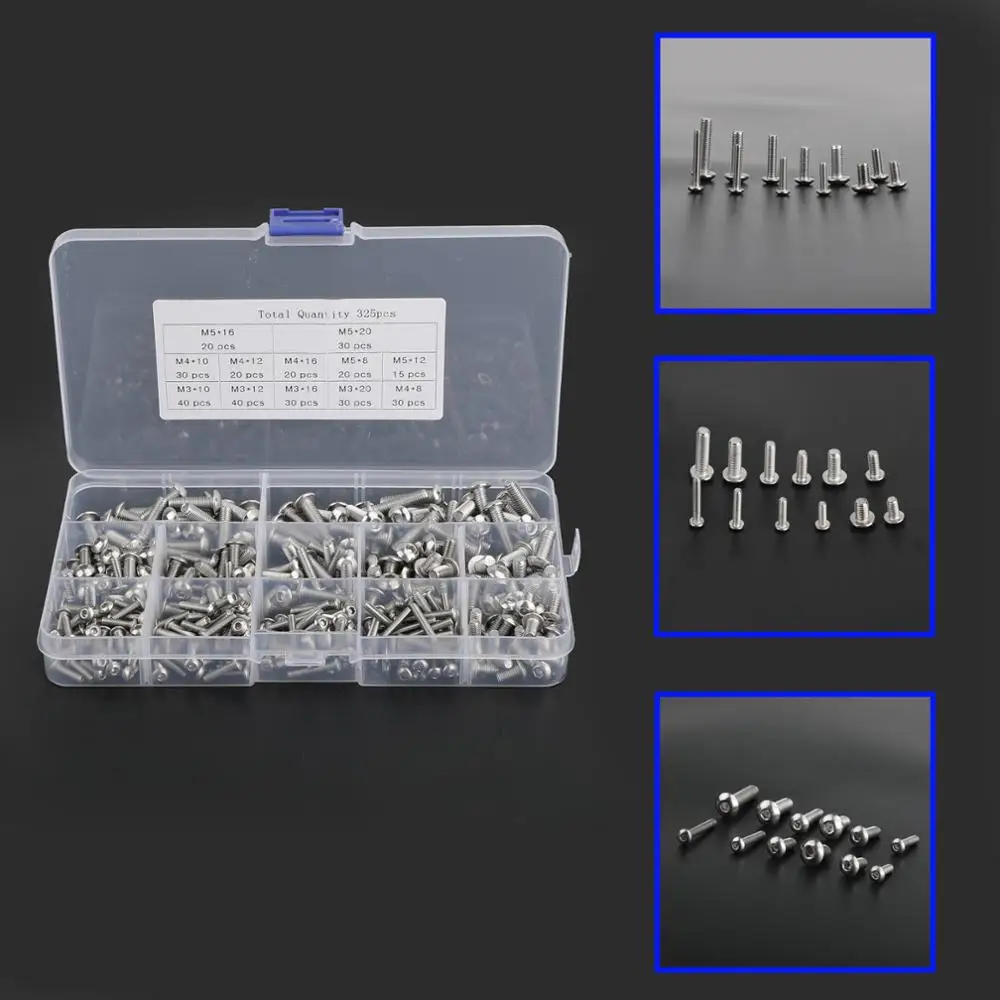 Areyourshop 325 шт. M3 M4 M5 304 набор винтов с шестигранной головкой из нержавеющей стали |