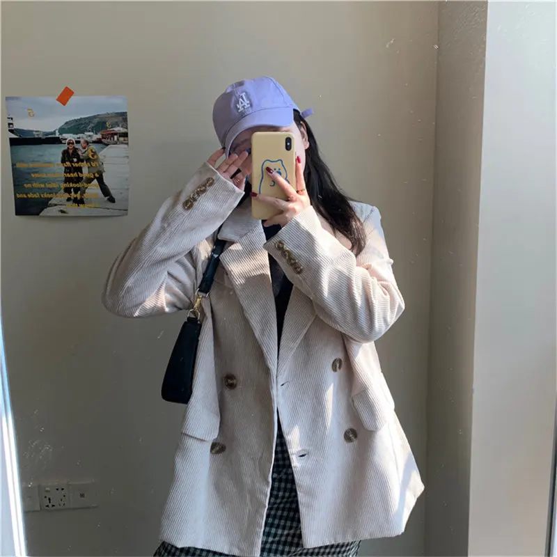 

HziriP Retro Casual Elegance Corduroy 2020 Minimalist Vintage Women Slim Loose Solid All Match Brief Chic Office Lady Blazers