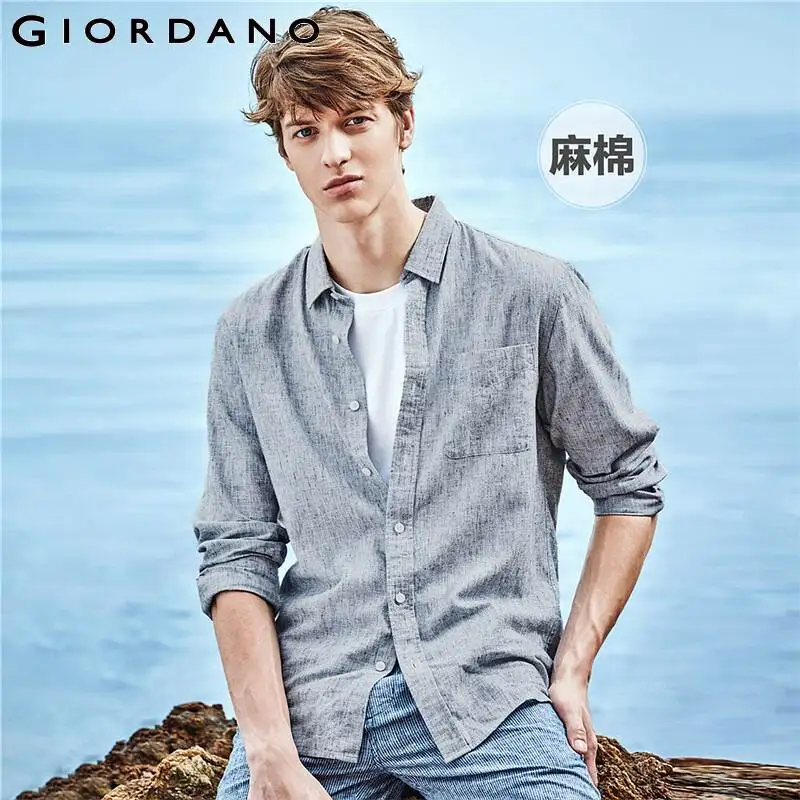 Мужская рубашка с длинным рукавом Giordano повседневная однотонная блузка из льна и