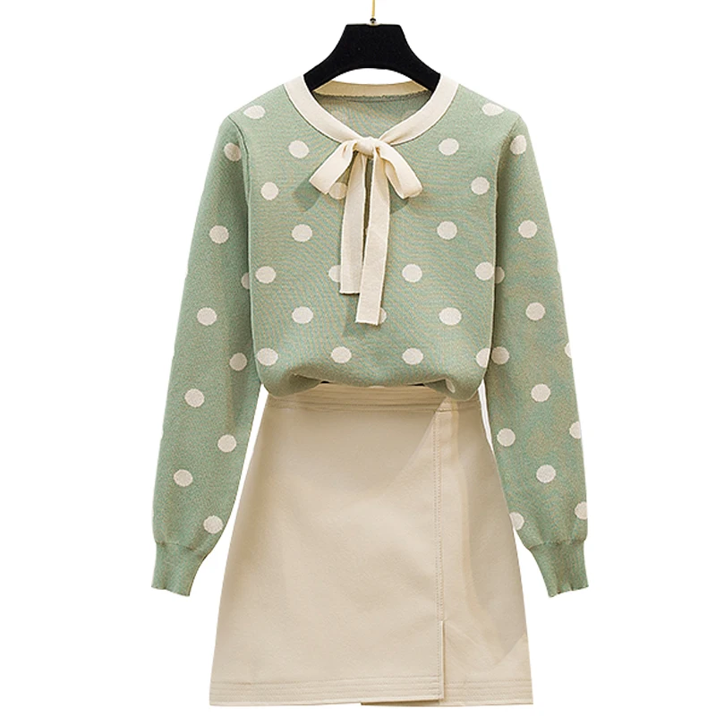 

autumn fashion women pullover knit sweater pu leather skirts a-line skirt suits 2 pcs clothing set outfit vestido dot bow top